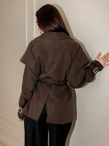 Bris Aura Manteau trench à manches longues de couleur unie pour femmes, automne/hiver - Marron - Voir 2