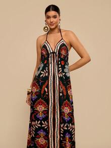 Travachic Plus Size Floral Print Open Back Dress For Women, Spring & Summer, Summer Outfits For Women, Beach Outfits For Woman, Women, Spring Break, Concert Outfit Women, Boho, Rave Outfits, Tropical Vacation - Black - View 8
