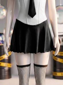 6件套女士兔女郎服装，包括缎面吊带裙、颈链、发箍和渔网袜 - 黑與白 - 查看 9