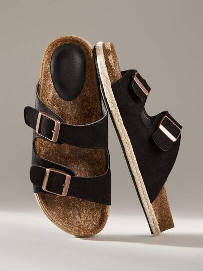 Solecia 女鞋双带金属扣露趾平底休闲度假风麻绳底仿麂皮女式凉拖鞋，适合日常街头和旅行穿着