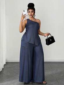 Maweii Setelan 2 Potong Efek Denim Asimetris Bahu Seksi Ukuran Plus - Navy Blue - View 1