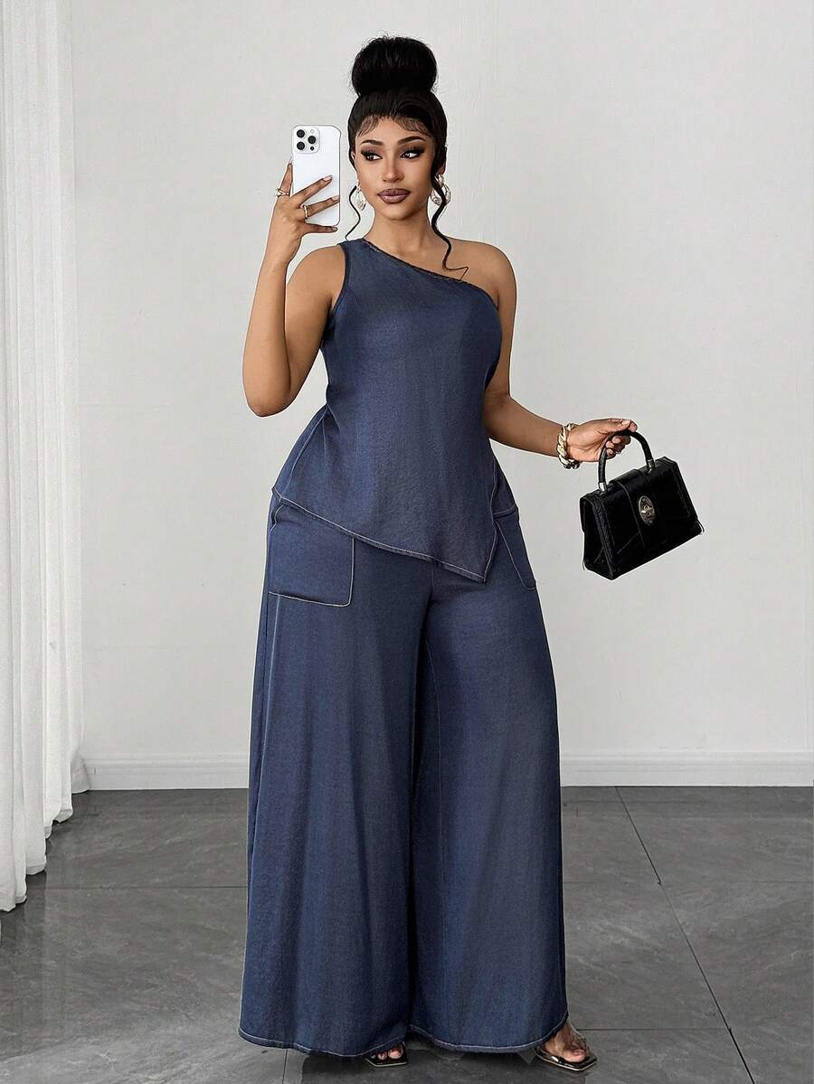 Maweii Setelan 2 Potong Efek Denim Asimetris Bahu Seksi Ukuran Plus - Navy Blue - View 1