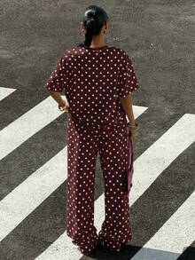 Muchica 女士休闲棕色波点宽松T恤和阔腿裤套装，适合外出、街头风、Y2K时尚、春夏穿着，阔腿裤套装 - 咖啡棕 - 查看 2