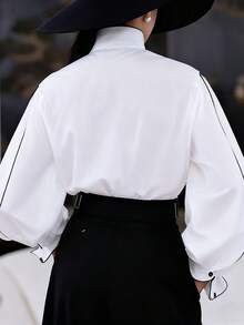 SHEIN 大码女式休闲优雅立领撞色滚边灯笼袖衬衫 - 白色 - 查看 2