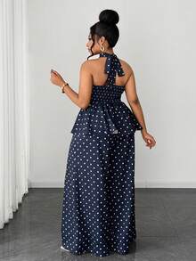 Maweii Plus Size Polka Dot Elegant Commuting Fashion Versatile 2 Pieces Set - Navy Blue - View 6