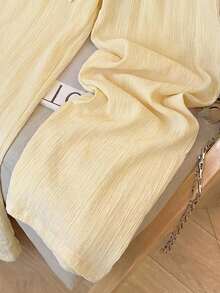 Lyxana Women's Linen Pleated High Waist Wide Leg Straight Pants, Casual Resort Style, Spring/Summer/Autumn - Yellow - View 4