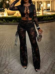 Glyssa 2pcs Women's Sexy Hollow Out Criss-Cross Tie Crop Top And Flare Leg Pants Set - Black - View 1