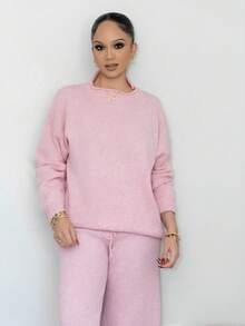 Melissa Matos Conjunto de Malha Casual com Top de Manga Longa com Gola Assimétrica Rosa e Calça Longa com Cordão na Cintura - Rosa chiclete - Visão 5