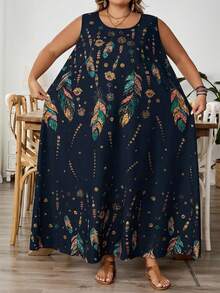 SHEIN CURVE+ Plus Size Women's Sleeveless Floral Print Dress, Summer,Holiday Outfits For Womenfall Clothes For Women,Winter,CURVE PLUS, Summer Dresses - Navy Blue - View 9