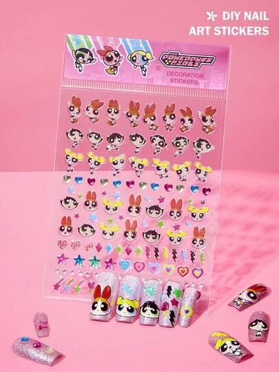 THE POWERPUFF GIRLS X SHEIN Cute Embossed Nail Art Stickers, Waterproof Self-Adhesive, No-Bake , DIY Nail Art Decorations,Nail Decals, Nail Supplies, Nail Charms, Nail Stuff, Nails Press On, Salon DIY Sliding Nail Art Decoration, Nail Tech Must Haves,Nails Press On,Nail Tips,Manicure Sliders Decor