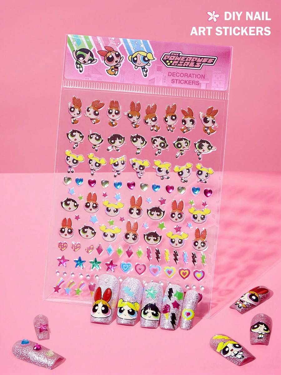 THE POWERPUFF GIRLS X SHEIN 可爱浮雕美甲贴纸,防水自粘,免烤,DIY美甲装饰,美甲贴片,美甲用品,美甲饰品,美甲小玩意,美甲贴片,沙龙DIY滑动美甲装饰,美甲师必备,美甲贴片,美甲片,美甲滑动装饰 - 彩色 - 查看 1