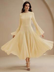 Anewsta Vestido elegante de manga larga con bajo acampanado y puños con botones en las mangas acampanadas - Amarillo claro - Ver 4