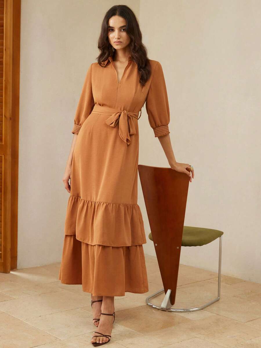 BELROSIE Elegant Casual V-Neck Puff Sleeve Belted Layered Ruffle Hem Dress For Women - Brown - View 1