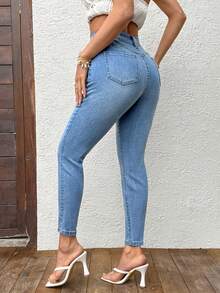 SHEIN PETITE 女士休闲水洗修身牛仔裤 - 淺色水洗藍 - 查看 2