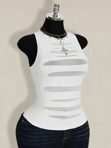 SHEIN ICON Plus Size Women Round Neck Mesh Patchwork Sheer Fitted Casual Top - White - View 10