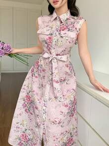 DAZY Women's Blush Pink Elegant Floral Print Mid-Length Dress,Summer Boho Sun Dresses For Date Night,Vacation Outfit,Festive Casual Sleeveless Belted Dress - Pink - View 9