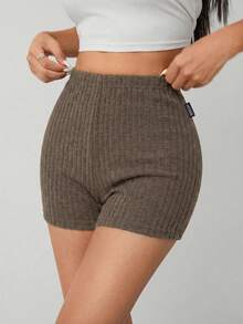 SHEIN PETITE Celana Pendek Biker Rajut Marled Musim Panas, Wanita Bertubuh Mungil - Mocha Brown - View 6