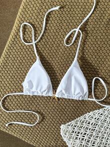 Swim Vcay Áo bikini dây buộc cổ màu trơn trang trí kim loại của Swim Chicsea-D dành cho nữ, thích hợp cho mùa xuân/hè. - trắng - Xem 2
