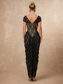 Lumalex 金属装饰胸衣金属网纱垂褶美人鱼下摆女士超长连衣裙 - 黑色 - 查看 3
