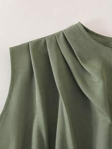 SHEIN 少女休闲时尚立领荷叶边腰带A字连衣裙 - 軍綠色 - 查看 3