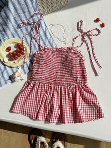 Comfortcana Plus Size Summer Vacation Ruffled Red Plaid Pinafore Camisole & Camisole - Red - View 5