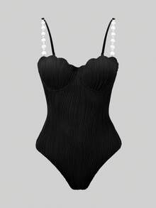 Swim Oasis 2026 Women's Spring/Summer Elegant Romantic Seashell Cup Shaped Swimsuit With Pearl Chain Strap, Bohemian Wave Texture Push-Up Underwire Molded Cup, Wrap-Around Mesh Skirt For Beach Vacation - Black - View 4