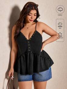 Elaquor Camiseta de tirantes con escote en V, volantes y tachuelas para mujer de talla grande, versátil y elegante para una cita nocturna - Negro - Ver 1