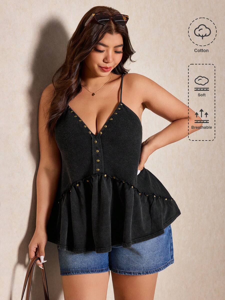 Elaquor Camiseta de tirantes con escote en V, volantes y tachuelas para mujer de talla grande, versátil y elegante para una cita nocturna - Negro - Ver 1