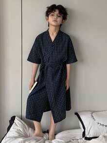Dazy Kids 青少年男童格子交叉打结休闲家居服和长睡衣 - 藏蓝色 - 查看 9