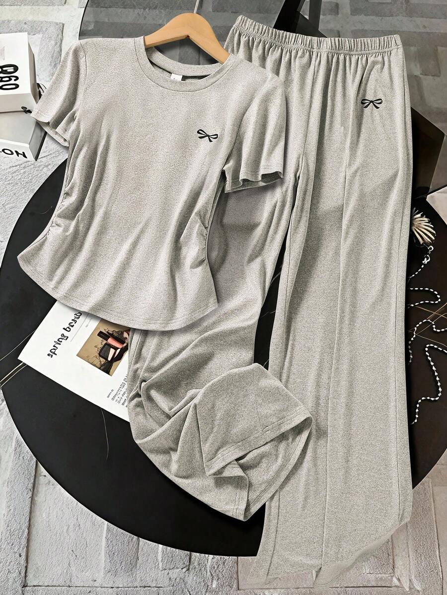 一件式短袖休闲印花春夏少女夏季通勤套装，运动休闲直筒裤，短袖轻便舒适两件套。 - 灰色 - 查看 1