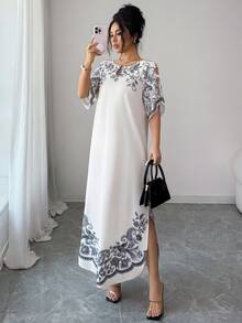 SHEIN Elenzya 女士休闲优雅V领蝙蝠袖宽松下摆开衩印花白色连衣裙，无弹力，春夏款 - 杏色 - 查看 7