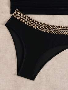 SHEIN Swim Chicsea 女士两件套纯色修身金色缎带可调节肩带高腰裤度假休闲派对比基尼套装 - 黑色 - 查看 4