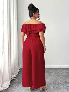 Elenzga Mono de verano de moda casual, elegante y retro francés, ideal para ir y venir del trabajo o de vacaciones, con volantes y hombros descubiertos, en color rojo - Rojo - Ver 2