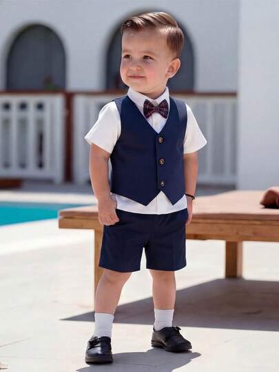 SHEIN 3pcs Baby's First Mother's Day Outfit - Sleeveless Vest, Bow Tie, And Shorts Set. The Vest Is In Light Gray With A Decorative Button Detail, Paired With A Small Multi-Color Bow Tie. The Shorts Are Also In Light Gray, Matching The Vest. Suitable For Children's Occasions Such As Small Weddings, Children's Concerts, Etc. Toddler Formal Wear Boy Wedding Outfit Boys Party Outfit Blue Baby Boy Formal Wear Ring Bearer Outfit