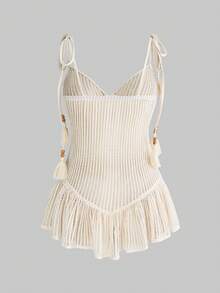 ROMWE Y2K西部复古度假贝壳装饰蕾丝沙滩装薄纱（可作泳衣罩衫）大码女式吊带裙 - 杏色 - 查看 3