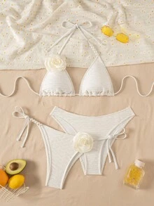 Swim Vcay 3件套女士纯色露背系带吊带上衣+打结三角比基尼泳裤+三角泳衣，针织面料，适合沙滩派对、郊游、性感沙滩装，数码印花，扎染装饰，无钢圈优雅夏季三件套泳衣，白色花卉细肩带三角罩杯比基尼 - 白色 - 查看 1