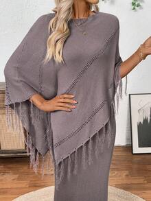 Louniche Conjunto de dos piezas para mujer con diseño calado, poncho, chal con flecos, vestido suéter sin mangas sexy y casual para primavera/verano - Gris - Ver 3