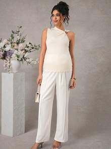 SHEIN SHEI Pregnant Women's Elegant Silky White Summer Maternity Top,Ruffle Shoulder Button Decor Fitted Outfits For Baby Shower,Pregnancy Photoshoot - Apricot - View 9