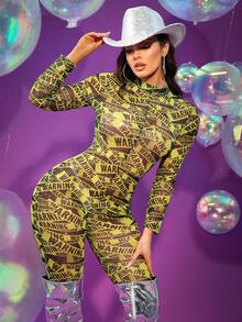 Spicy Aura 女款性感黑色冬季連身褲，角色扮演膠帶網格拼接透視龐克誘人外星人造型服，適合音樂節、夜店、演唱會、派對、酒吧的電音派對穿搭 - 薑色 - 查看 4