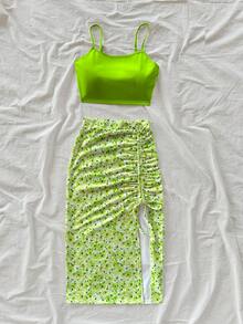 Soleia 2pcs/Set Women Casual Green Floral Print Cropped Camisole Top And Mini Skirt Suit, Suitable For Spring/Summer Summer Two Piece Set Brunch - Multicolor - View 3