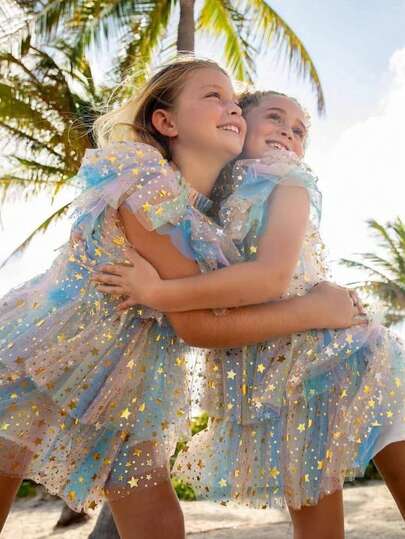 SHEIN Vestido corto de manga corta con volantes y estampado de estrella de malla, elegante y lindo para niña