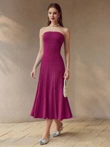 PREMIUM SOLID TEXTURED KNIT PLISSE TUBE DRESS - Red Violet - View 4