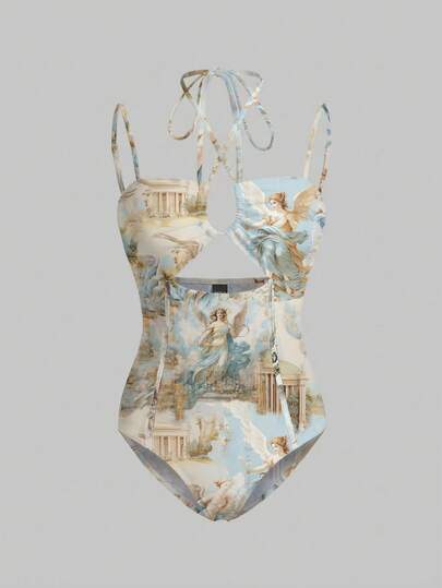 Y2Kool cha5rlie Valentine's Day Artist Boho Bohemian Women Vacation Plants Print Cut Out Halter Bodysuit, For Summer, Holiday, Beach, Festival, Ibiza Fits Gyaru Graphic Bodysuit Party Bodysuit