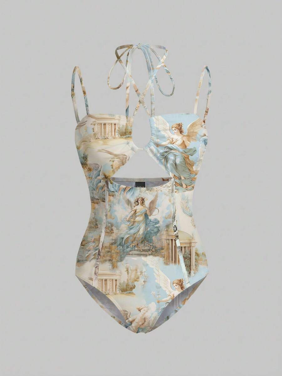 Y2Kool cha5rlie Áo liền thân nữ phong cách Boho Bohemian in họa tiết cây cỏ, kiểu dáng cut-out, cổ yếm, thích hợp cho mùa hè, kỳ nghỉ, bãi biển, lễ hội, Ibiza, kiểu dáng Gyaru, áo liền thân họa tiết, áo liền thân dự tiệc. - Nhiều màu - Xem 1