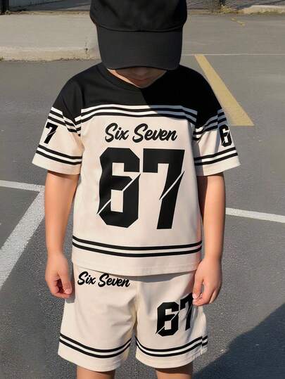 SHEIN Coolqubz Set de 2 piezas de camiseta y pantalones cortos casuales y elegantes para niños con estampado numérico 67, rayas en negro y beige, y eslogan gráfico, cómodo para uso diario, adecuado para primavera, verano y otoño