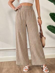 Siren Gaze 女士弹力腰带条纹阔腿宽松休闲裤 - 卡其色 - 查看 4