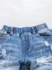 Boys'Summer Denim Shorts,80s Fashion Street Style,Light Blue Washed Distressed Ripped Details,Elastic Waistband Design For Comfort,Versatile Fit - Light Wash - View 3
