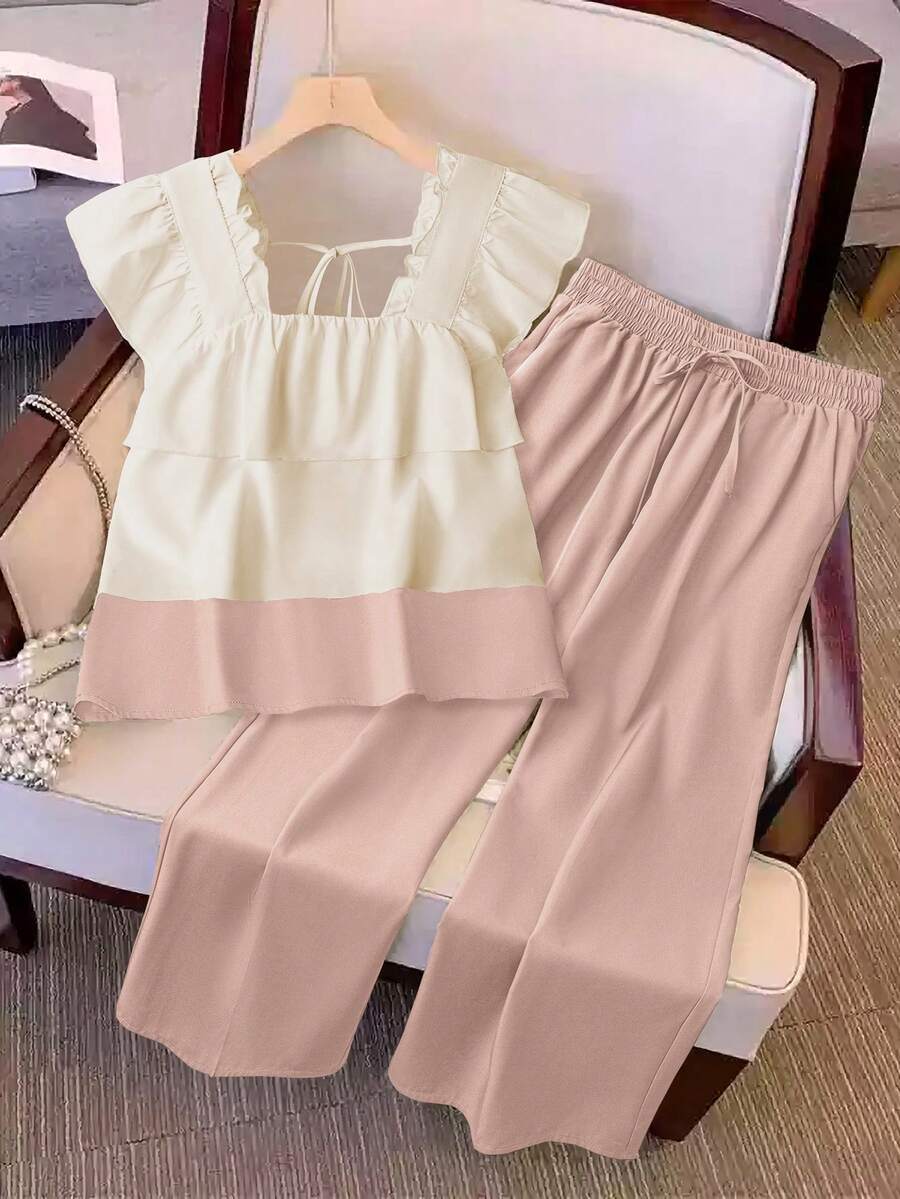 Airaco 女士拼接彩色短袖上衣搭配抽绳腰阔腿裤休闲套装 - 淺粉色 - 查看 1