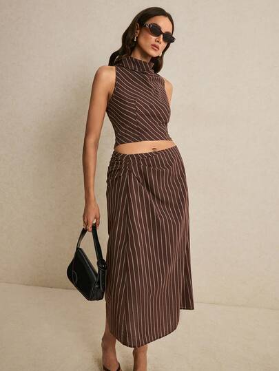 Poéselle Brown Striped Two-Piece Set For Women – High Neck Crop Top & Midi Skirt,Cotton Mini Dress ,Two-Piece Set,Elegant Chic,Comfortable,Summer-Appropriate