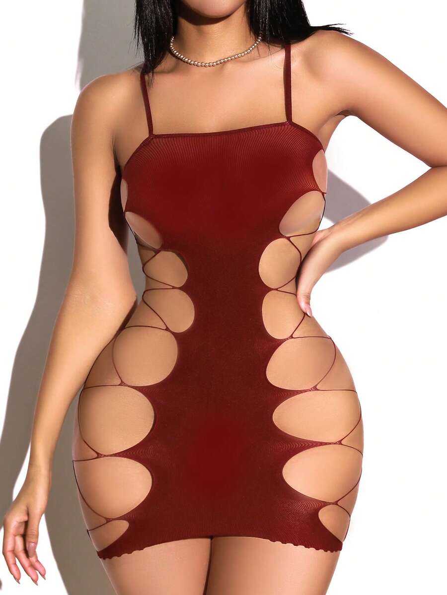 ChaseTheNight Vestido de malla lencería sexy para mujer (1 pieza), para salir - Burdeos - Ver 1